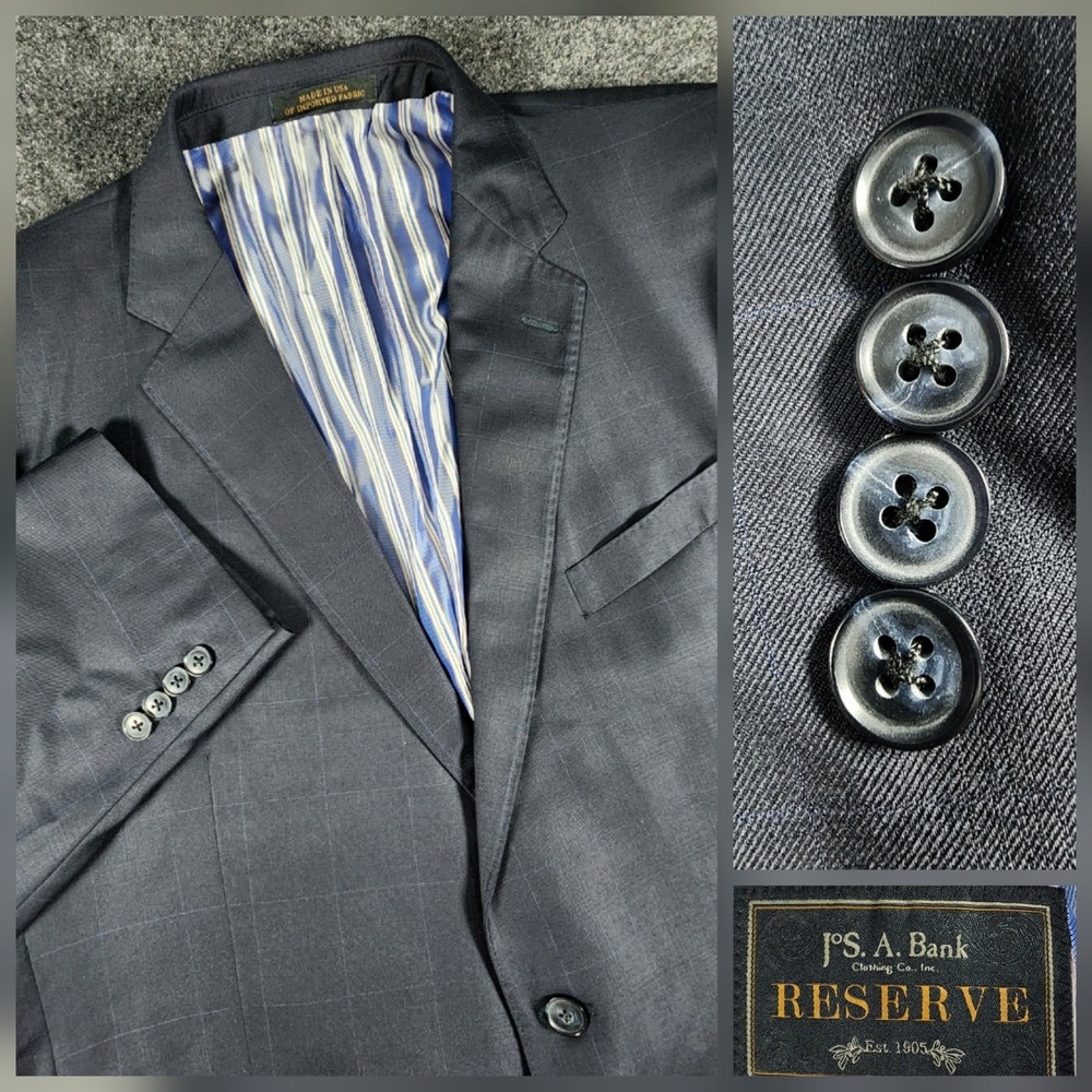 Jos. A. Bank Reserve Sport Coat Mens 46R Navy Blue Windowpane Wool BlazerEUC